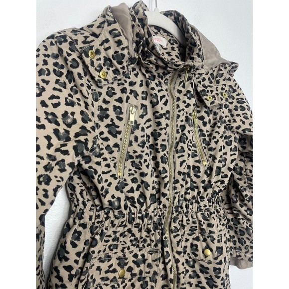 H&M Size 9-10 Parka Coat Leopard Print Tan Black Cinched Waist Detachable Hood - Picture 2 of 12